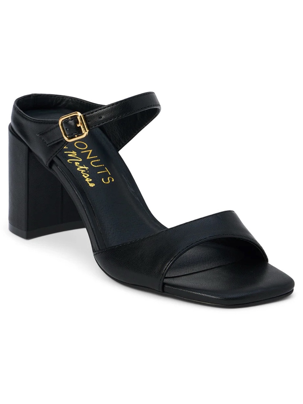Coconuts by Matisse Black Leather Block Heel Sandal with Gold Buckle